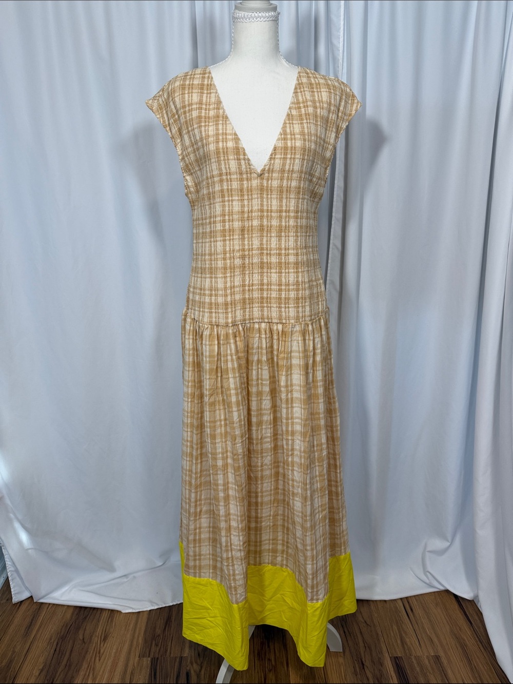 Rosie Assoulin Beige Plaid Maxi Dress with Yellow Hem